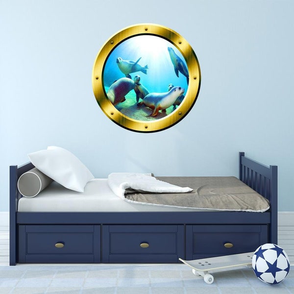 Underwater Scene Porthole Vinyl Wall Decal Seals Family Wall Art Ocean View 3D Window Gold Portal Art GP1