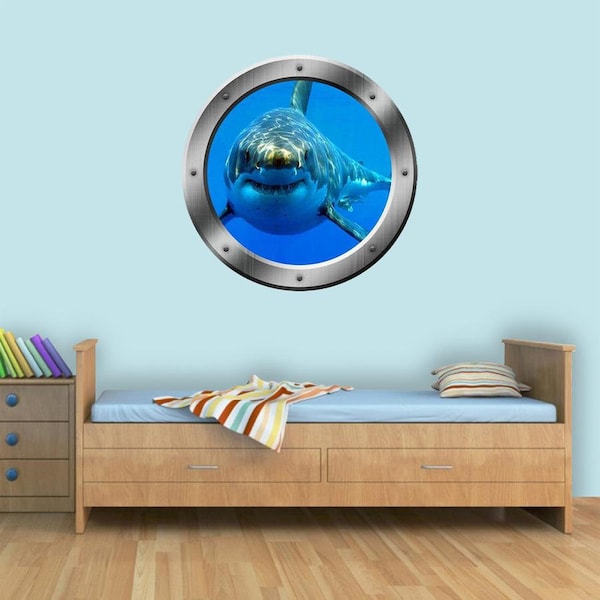 Shark Wall Decal - Great White Shark Jaws - Window Frame Submarine Porthole - Ocean View Kids Room Wall Art - VWAQ-PO17