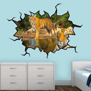 Tigers Wall Sticker Safari Animal Tiger Decor 3D Wall Decal Vinyl Peel And Stick Animal Hole In The Wall Home Decor - VWAQ WC19