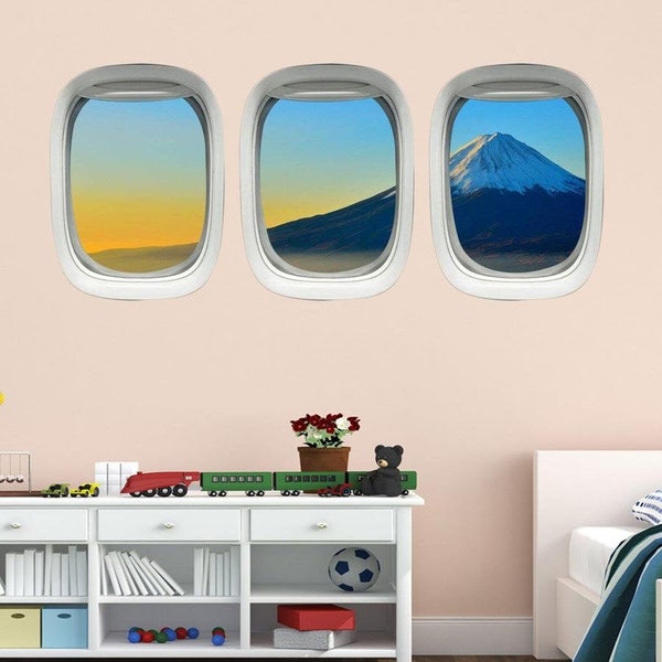Sticker Pack - Airplane Window Wall Art Decals - Mt Fuji Aviation Window Frame Wall Art - Kids Room Plane Decor - VWAQ PPW21