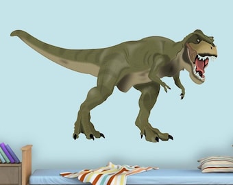May include: A green dinosaur wall decal with an open mouth, positioned above a wooden bed with a striped blanket. The dinosaur is facing the right side of the image.