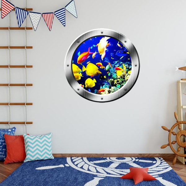 Ocean Fish Porthole Window View Wall Decal Coral Reef Ocean Fish Wall Art PO23