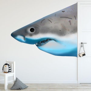 Jaws - Shark Wall Decal -Peel and Stick Great White Shark Sticker - Ocean Wall Decor Shark Head Decal - Reusable Fabric material - VWAQ PA22