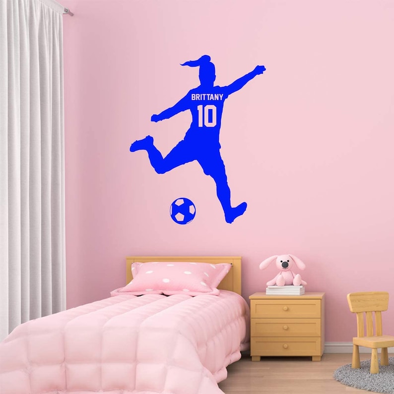 Soccer Wall Decal - Personalized Name Girls Soccer Player Wall Sticker - Custom Name Soccer Ball Girls Room Decor - VWAQ - TTC25 Blue