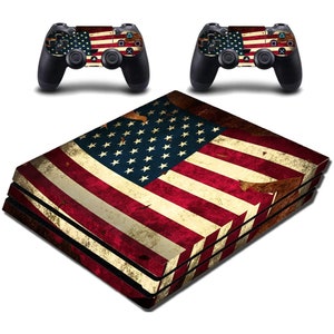 May include: A distressed American flag design skin for a PlayStation 4 console and two controllers. The skin features a faded red, white, and blue American flag with a distressed, vintage look.