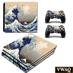 May include: A set of two PS4 console and controller skins featuring a Japanese woodblock print of a large wave crashing against a mountain. The wave is blue, white, and gray, and the mountain is brown. The background is a light beige color.
