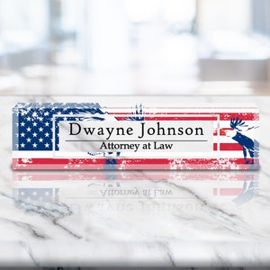 Personalized Name Plate for Desk | USA Flag | Patriotic Clear Acrylic Desk Plaque | Custom Office Decor | Personalized Gift (VWAQ-ACS75)