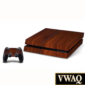 May include: A wood-grain patterned skin for a PlayStation 4 console and controller. The console is black and the controller is black with white buttons.
