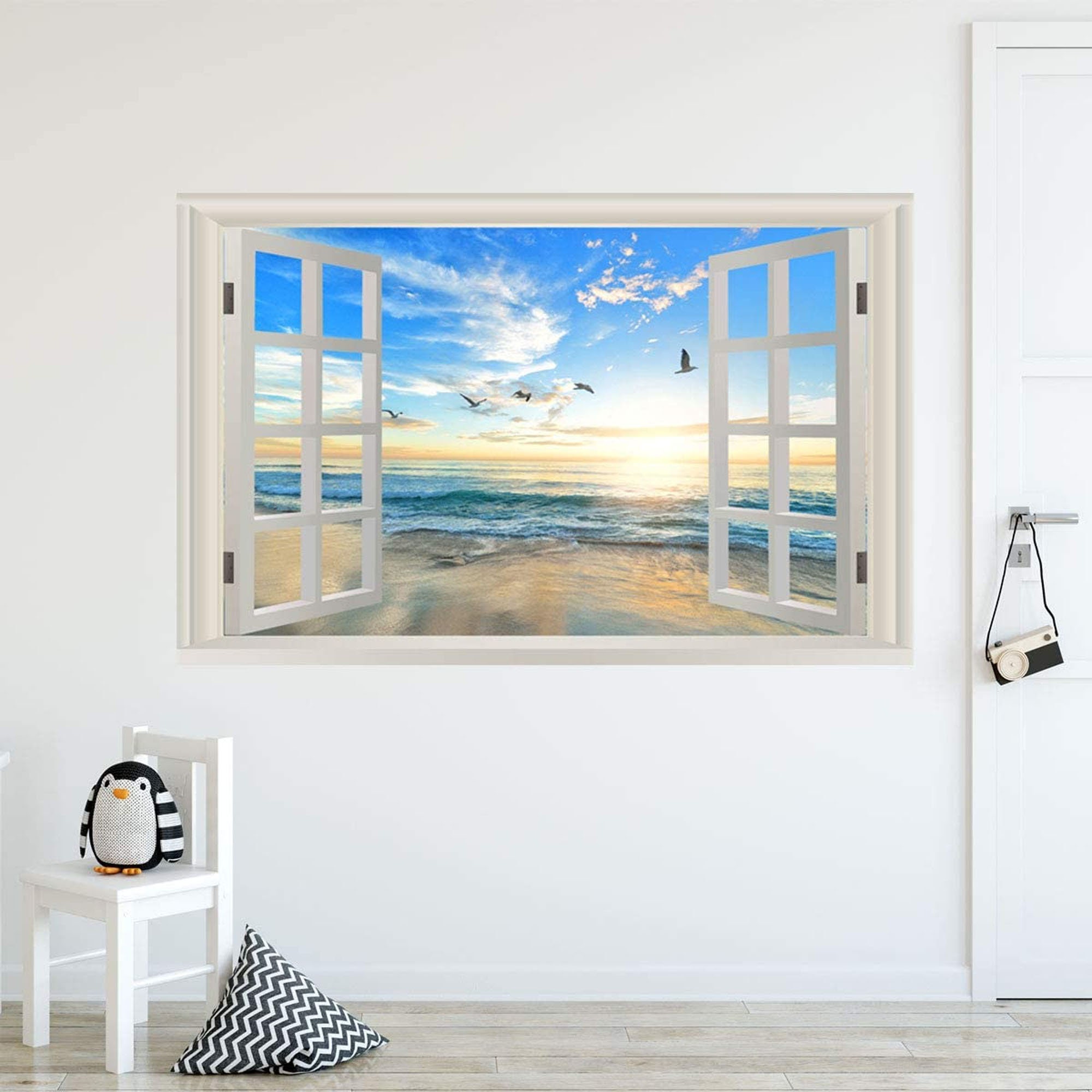 Beach Wall Decal Ocean - 3D Beach View Window Mural Sticker - Peel And