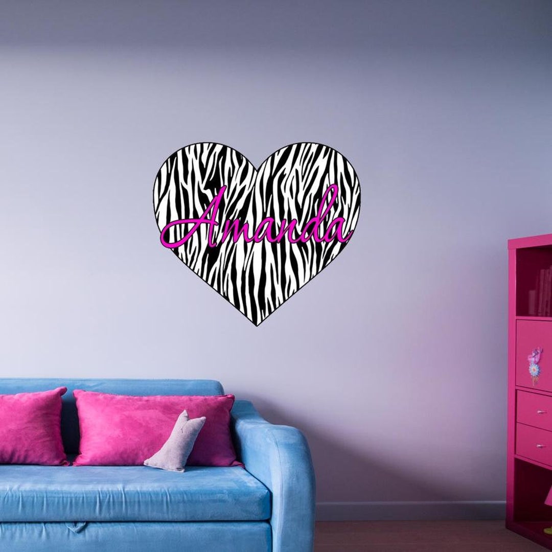 Custom Name Decal - Personalized Zebra Print Heart Wall Art Sticker ...