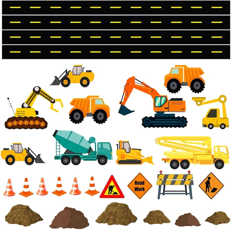 May include: A set of construction vehicles and road signs, including a yellow dump truck, a yellow excavator, a yellow cement mixer, a yellow crane, a yellow bulldozer, a yellow backhoe, a yellow road roller, a yellow construction worker sign, a yellow road work sign, and a yellow construction cone.