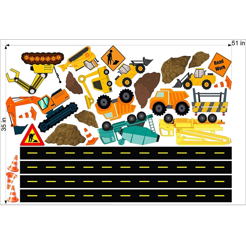 May include: A set of construction vehicle wall decals featuring a variety of vehicles, including a bulldozer, dump truck, cement mixer, and excavator. The decals are yellow, orange, and black and are set against a black road with yellow lines. The decals are 51 inches wide and 35 inches tall.