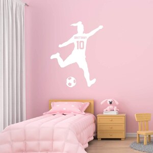 Soccer Wall Decal - Personalized Name Girls Soccer Player Wall Sticker - Custom Name Soccer Ball Girls Room Decor - VWAQ - TTC25 White