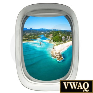 3D Porthole Airplane Window Decal – Aerial Beach View – Peel and Stick Aviation Wall Mural (PW33)