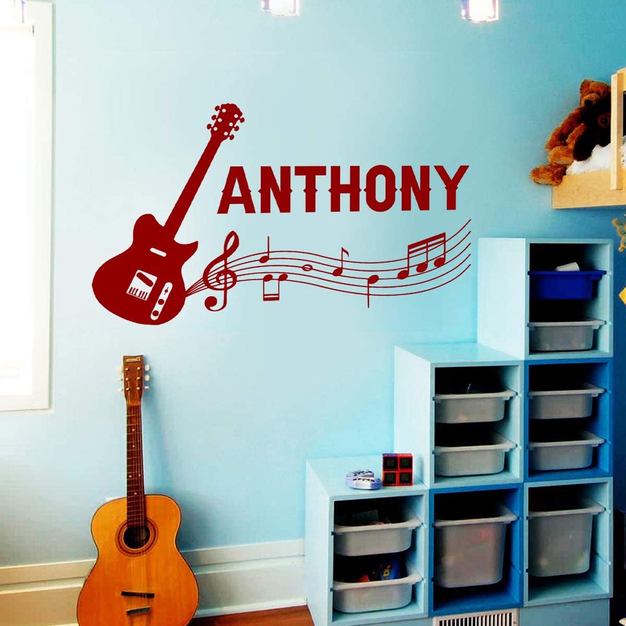 Guitar with stars and musical notes set of silhouettes wall art decal stickers 