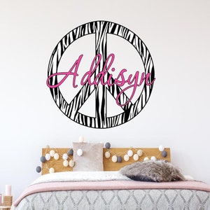 Custom Name Decal - Zebra Print Peace Sign Graphics - Insert Name - Personalized Girls Room Wall Decor - VWAQ-PC10