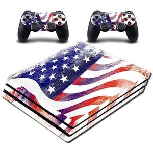 May include: A white PlayStation 4 console with a red, white, and blue American flag design. The console is shown with two matching controllers.