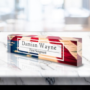 Personalized Name Plate for Desk | USA Flag | Patriotic Clear Acrylic Desk Plaque | Custom Office Decor | Personalized Gift (VWAQ-ACS77)