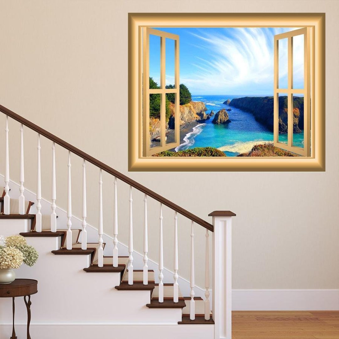 Scenic Landscape Wallpaper, Fake Window Decal, Wall Mural Art Beach ...