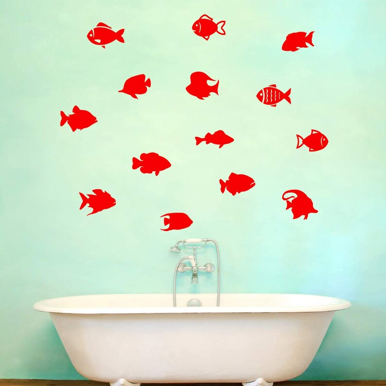 VWAQ School of Fish Wall Stickers Pack of 14 Vinyl Decals V2 Red