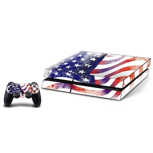 May include: A white PlayStation 4 console with a distressed American flag design. The console is shown with a matching controller.
