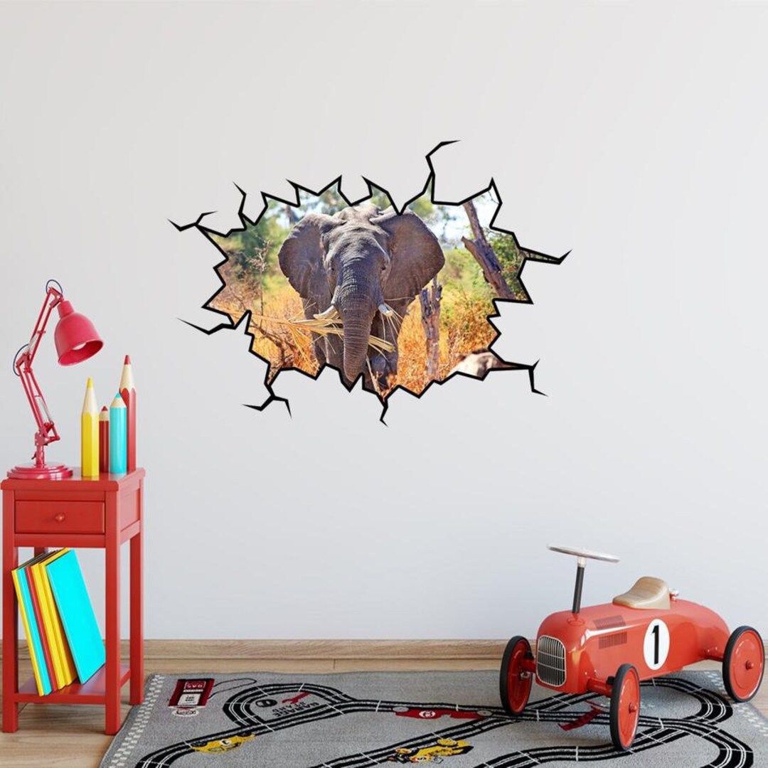 African Safari Fake Window Nursery Decor Wall Crack Decal - 3D Elephant ...