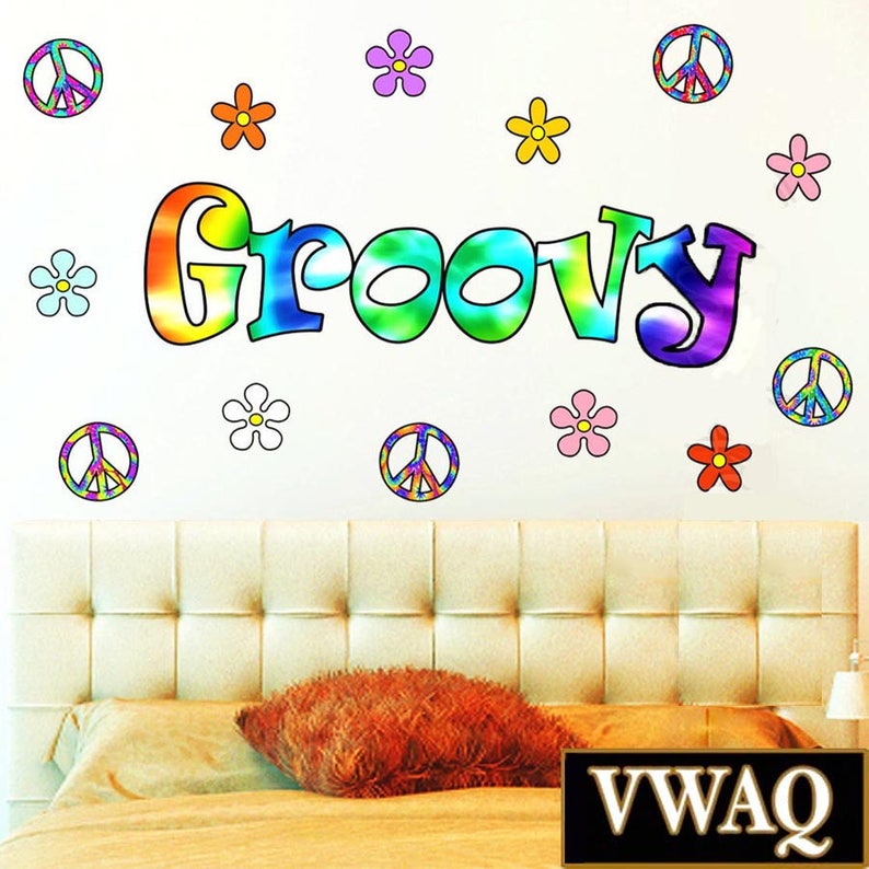 Retro Flowers Wall Decal Love Peace Sign Hippie Groovy Art Sticker Pack Hf4 Vintage 70s