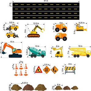 May include: A set of construction vehicle stickers featuring a variety of vehicles, including a bulldozer, excavator, cement mixer, crane, and a road work sign. The stickers are printed on white paper and are approximately 51 inches wide.