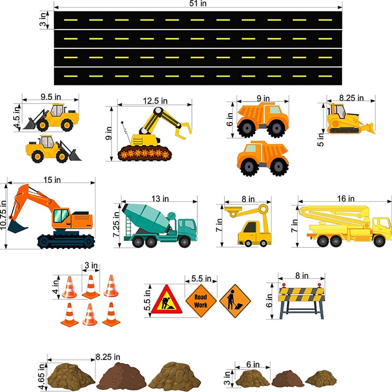 May include: A set of construction vehicle stickers featuring a variety of vehicles, including a bulldozer, excavator, cement mixer, crane, and a road work sign. The stickers are printed on white paper and are approximately 51 inches wide.
