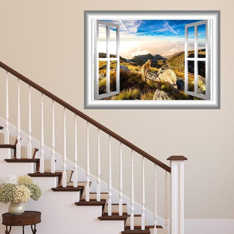 Scenic Landscape Wallpaper, Fake Window Decal, Wall Mural Art Mountain ...