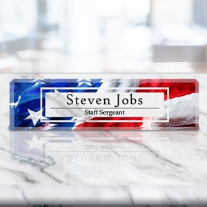 Personalized Name Plate for Desk | USA Flag | Patriotic Clear Acrylic Desk Plaque | Custom Office Decor | Personalized Gift (VWAQ-ACS72)