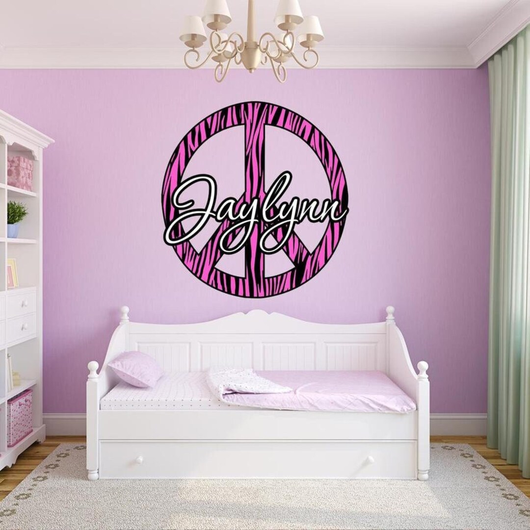 Zebra Print Peace Sign With Custom Name Wall Decal - VWAQ PC3 - Etsy