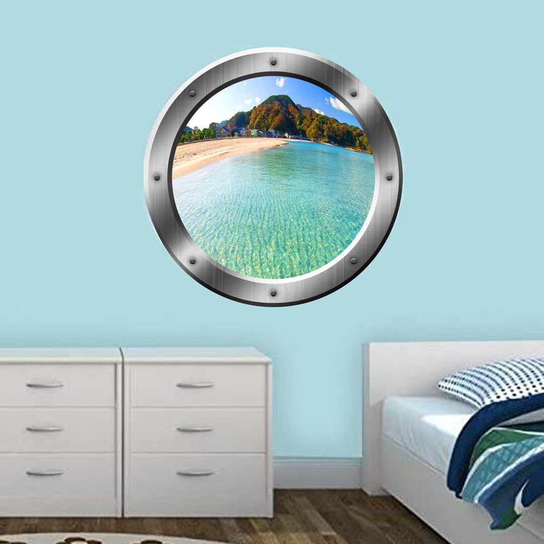 Beach Scene Wall Decal Peel and Stick Ship Window Porthole Ocean Wall