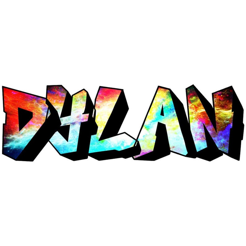 May include: A colorful, stylized, graffiti-style text design of the name "DYLAN" in black with a rainbow-colored background.