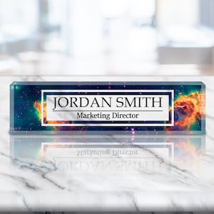 Personalized Name Plate for Desk | Custom Name Clear Acrylic Glass Galaxy Nebula art | Personalized Gift (VWAQ-ACS50)