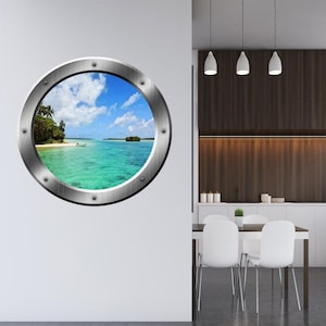 Ocean View Beach Side 3D Porthole Vinyl Decal Family Wall Art 3D Window Silver Portal Art Home Decor - VWAQ SP22