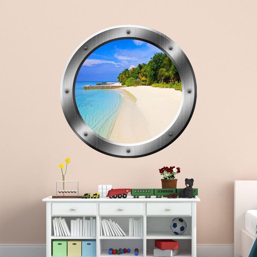 Beach Scene Wall Decal Peel and Stick Ship Window Porthole Ocean Wall
