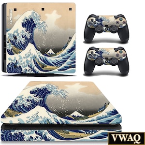 May include: A set of two PS4 console and controller skins featuring a Japanese-style wave design. The design is a depiction of the Great Wave off Kanagawa, a famous woodblock print by Hokusai. The skins are printed on a high-quality vinyl material and are easy to apply and remove.