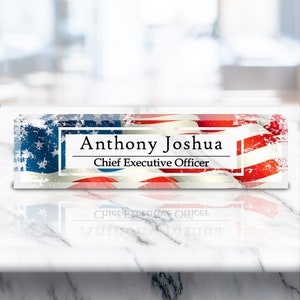 Personalized Name Plate for Desk | USA Flag | Patriotic Clear Acrylic Desk Plaque | Custom Office Decor | Personalized Gift (VWAQ-ACS76)