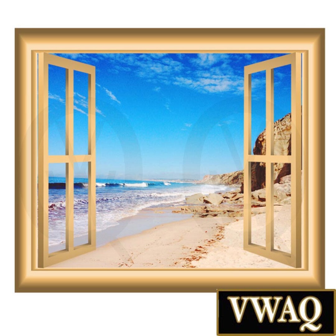 Sandy Beach Scene Wall Decal Nature Window Frame Peel and Stick Mural