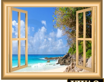 Beach Wall Decal Ocean - 3D Window Wall Mural - Coastline Vinyl Wall Decal - Peel and Stick Window Frame Mural - VWAQ NW81