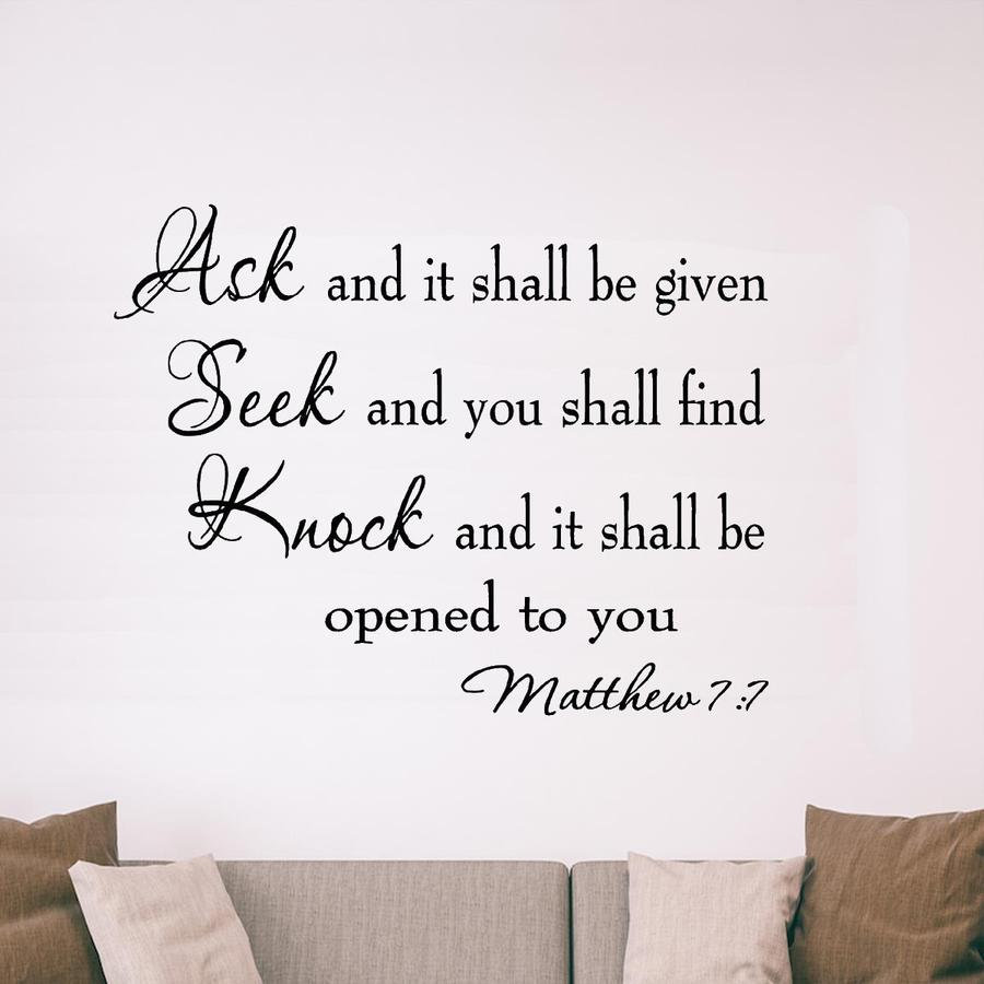 Décal Mural Vinyle – Citation Biblique "Ask And It Will Be Given" Matthieu 7:7 – Art Mural Religieux