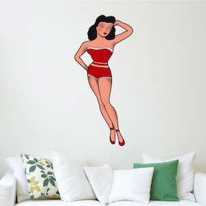 Vintage wall art - Pinup Girl Wall Decal - Peel and Stick American Traditional Tattoo Sticker - Reusable Fabric Decal - VWAQ-AT5