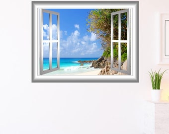 Beach Wall Decal Coastline 3D Beach Wall Mural Window Frame Vinyl Decal Window Frame Peel and Stick Window Wall Sticker VWAQ-NW71