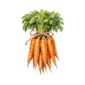 Op de afbeelding: Een bosje verse wortelen met helderoranje wortels en groene loof, samengebonden met touw. De wortelen zijn geplaatst tegen een effen witte achtergrond, waardoor hun natuurlijke kleuren en texturen worden benadrukt. Een gezond en natuurlijk voedsel.