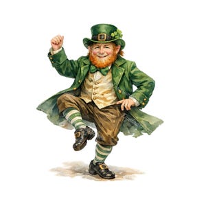 May include: A watercolour illustration of a dancing leprechaun. He wears a green coat, hat, and bow tie, with a gold vest and brown trousers. His striped socks and black shoes complete the festive look. A shamrock adorns his hat.