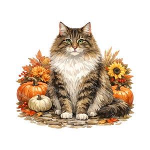 20 Cats In Autumn Pumpkin Patch Vol. 2 Clipart – Adorable Watercolor Kitties Amidst Pumpkins, Fall Crafts And Decor, Transparent Background
