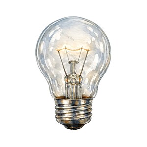 May include: Watercolor illustration of a clear light bulb with a glowing filament. The bulb has a silver base and a glass enclosure. The image is a close-up, showcasing the details of the light bulb.
