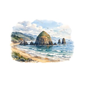 May include: Watercolor painting of a coastal scene featuring a large rock formation in the ocean. The artwork depicts a sandy beach, rolling waves, and distant mountains under a cloudy sky. Two birds fly overhead, adding a sense of tranquility.