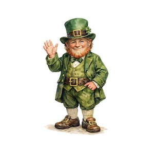 May include: A watercolour illustration of a leprechaun in a green suit, hat, and shoes. The leprechaun has a red beard and is waving. The hat has a gold buckle and a shamrock. The suit has a gold buckle belt.